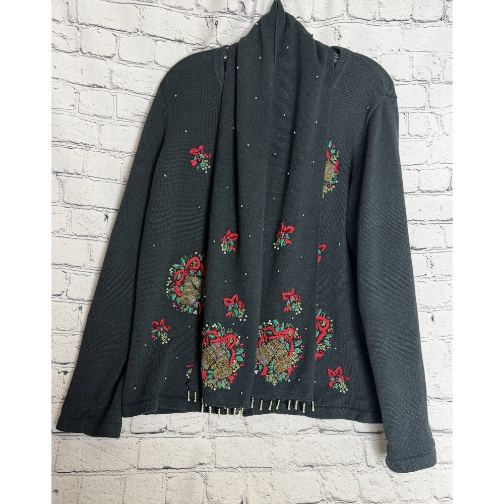 White Stag VTG Christmas  Cardigan/Scarf Set XL (16/18) Embroidered Beaded Bells